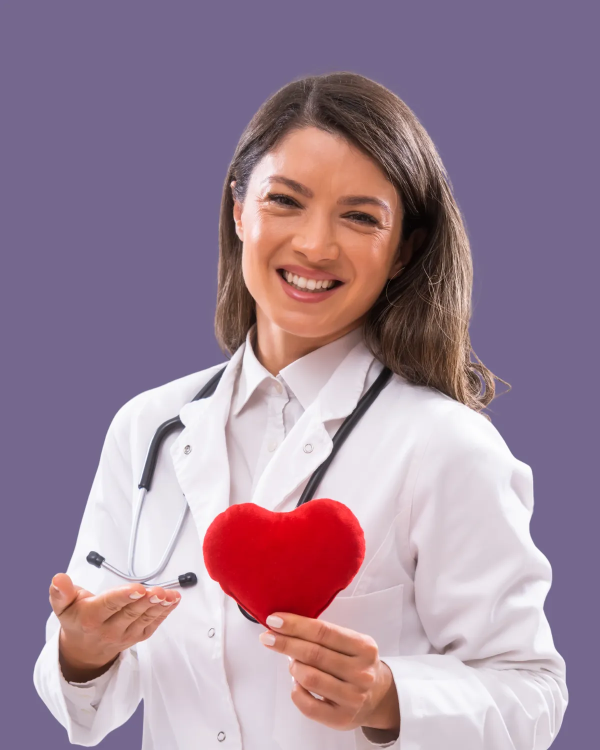 Cardiovascular specialist holding heart model.