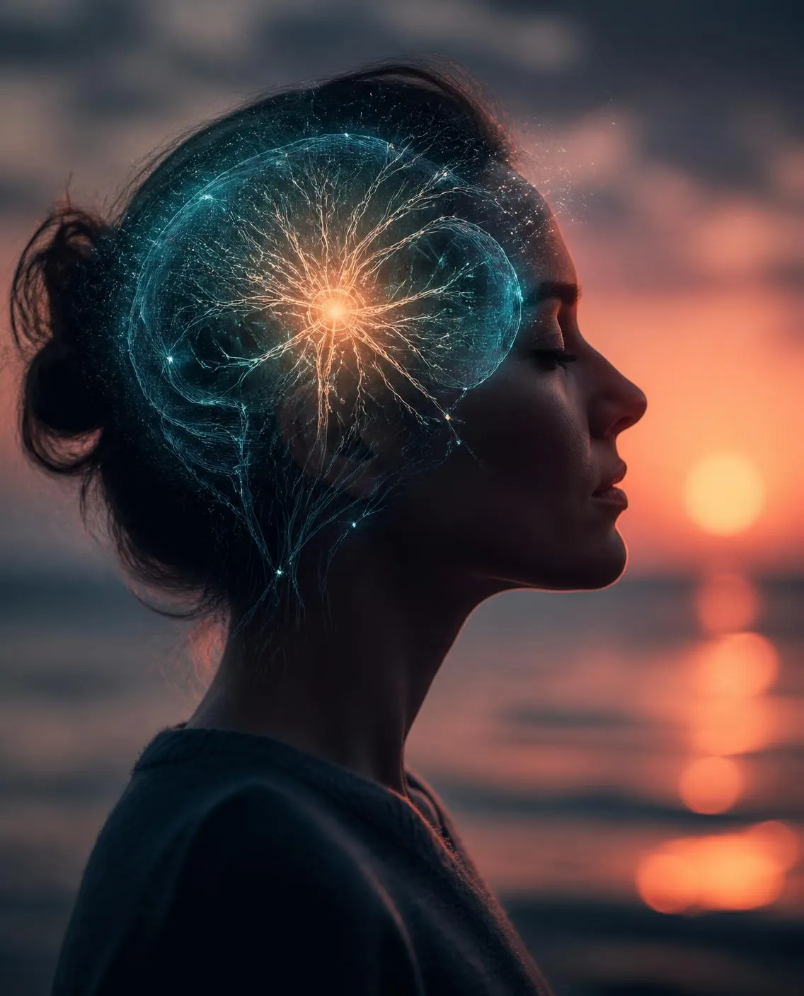 Side profile of woman overlayed with the image of a brain that showcases connectivity