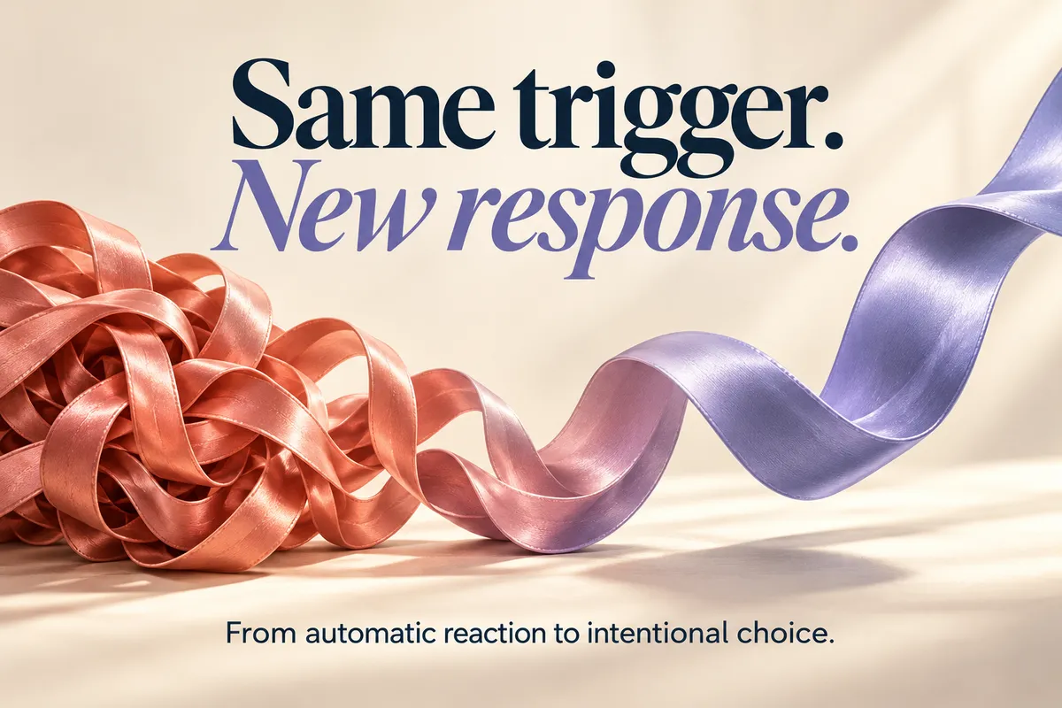 Graphic of tangled ribbon that is being untangled. The words "Same trigger. New Response" is above the ribbon. Below the ribbon, the language, "From automatic reaction to intentional choice"