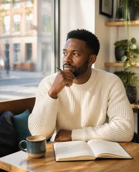 Man sitting at a cafe thinking, while journaling and drinking coffee