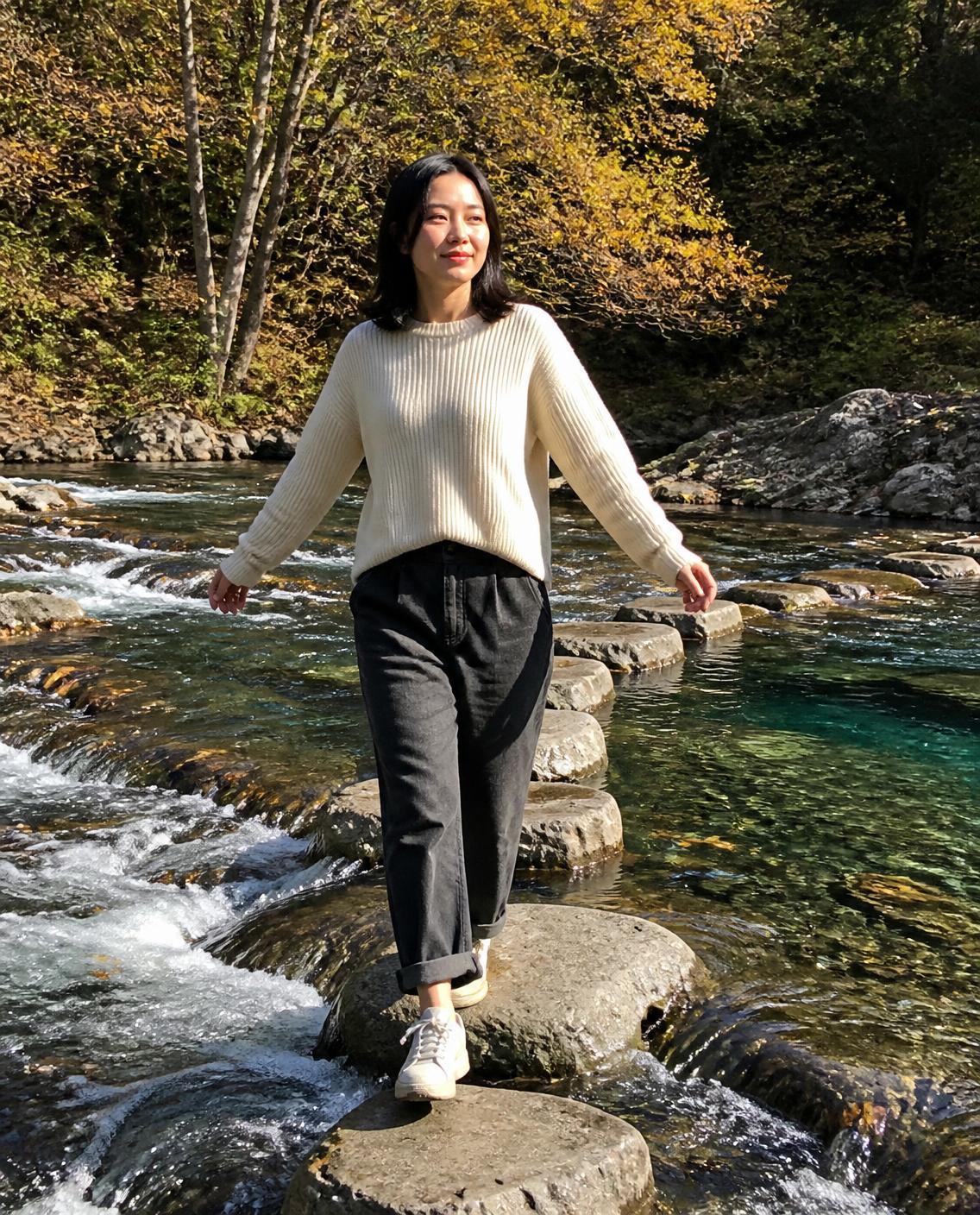 Woman walking across a stream on rock stepping stones.
