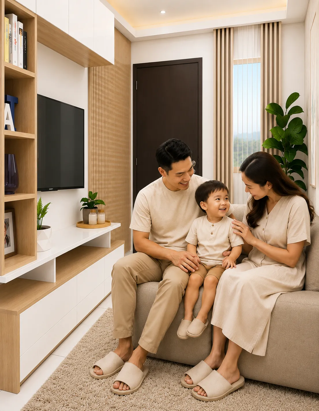 Happy family enjoying the warm and inviting living space of the Enya home model