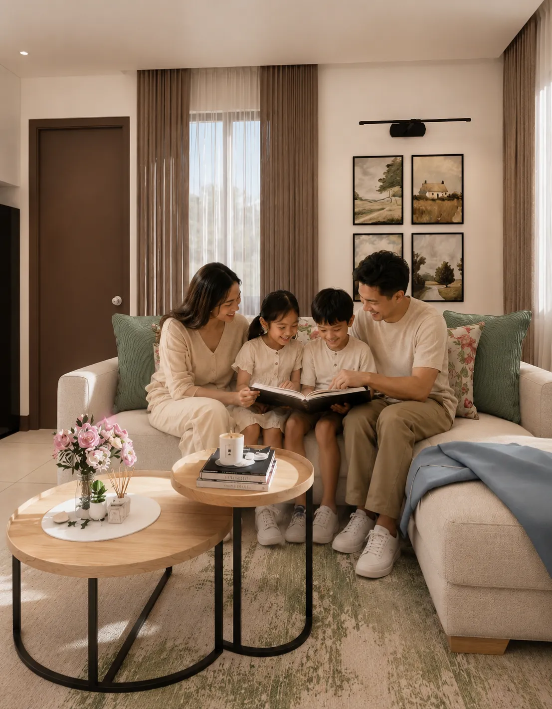 Happy family enjoying the warm and inviting living space of the Enya home model