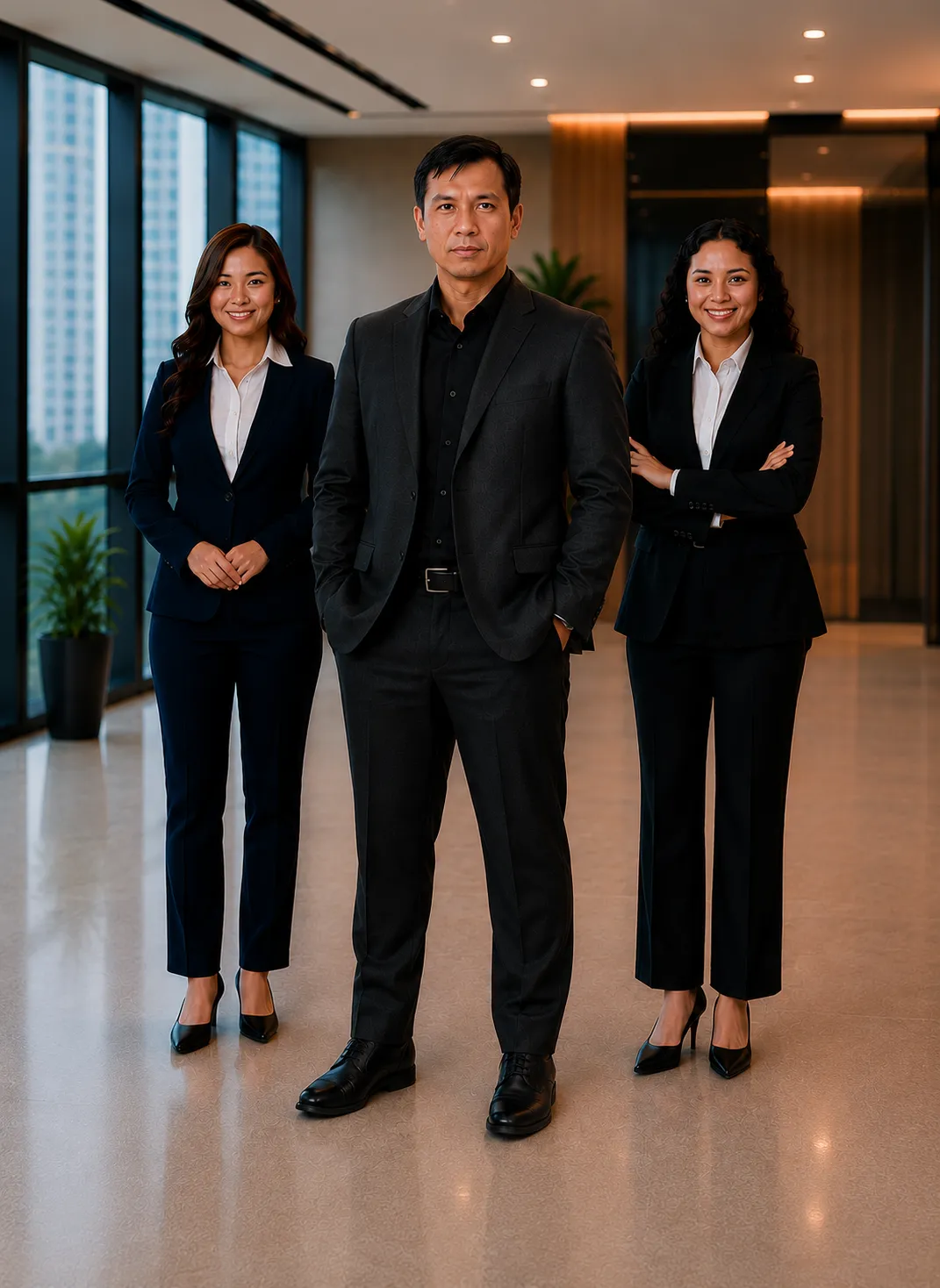 Three professional real estate agents, two women and one man, standing in a bright modern office lobby, smiling at the camera.