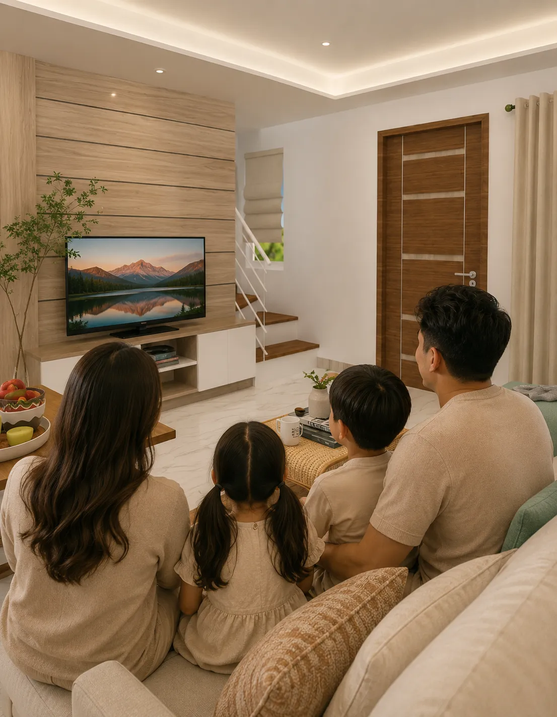 Happy family enjoying the warm and inviting living space of the Enya home model