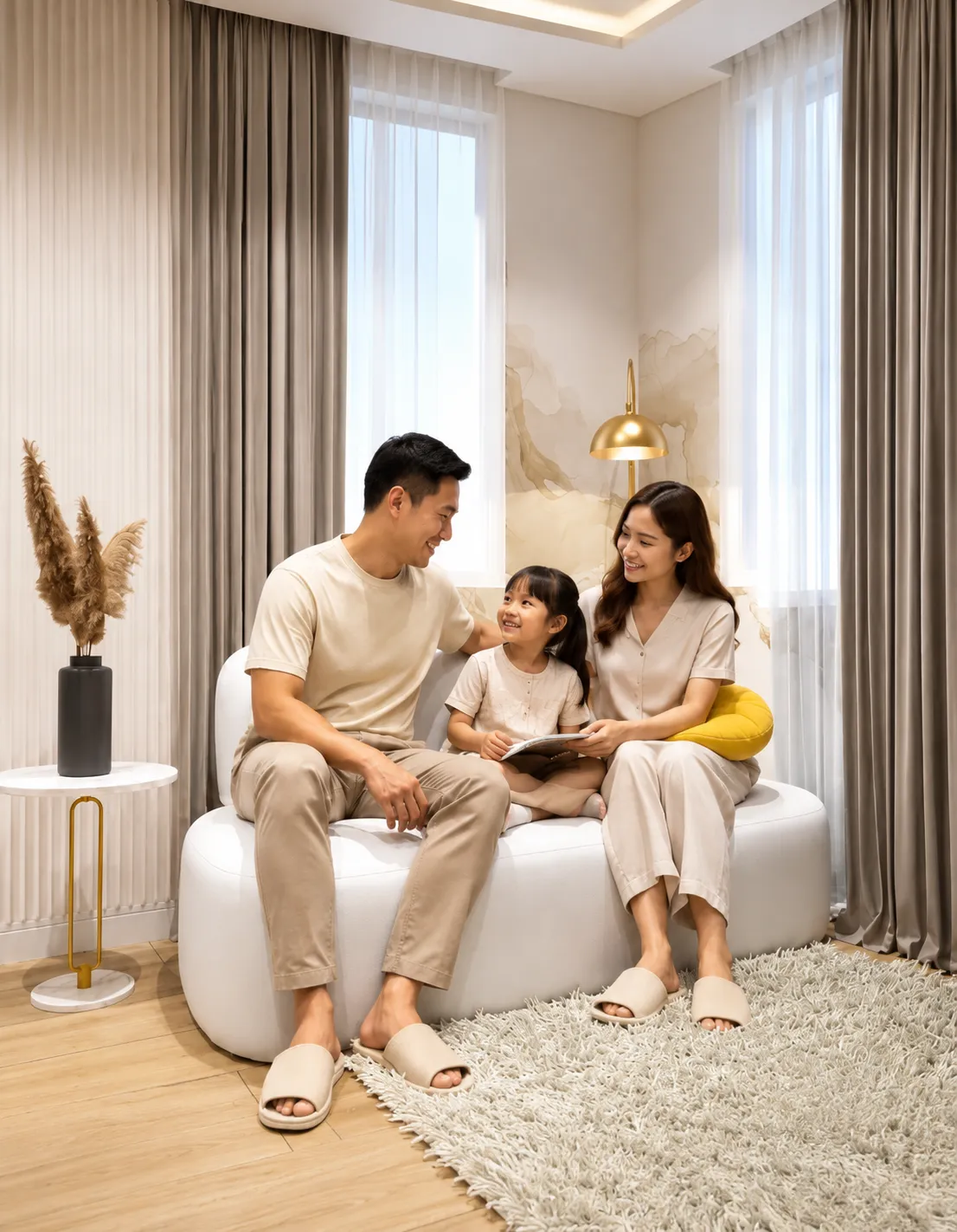 Happy family enjoying the warm and inviting living space of the Enya home model