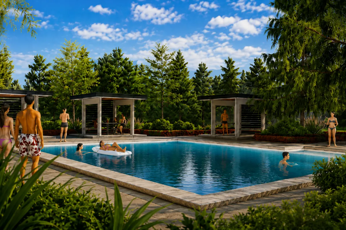 Luxurious infinity edge pool overlooking tropical landscapes with private cabanas
