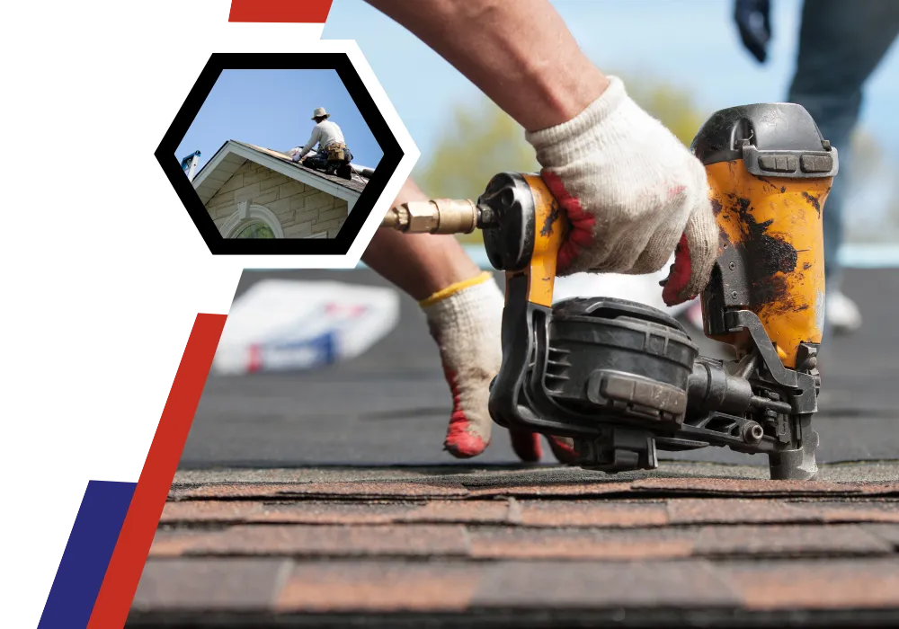 Roofer using a pneumatic nail gun to install asphalt shingles on a residential roof.