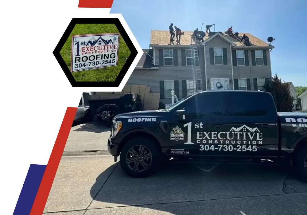 Roofing contractors wearing hard hats and safety vests installing wooden roof framing with hammers and nail guns.