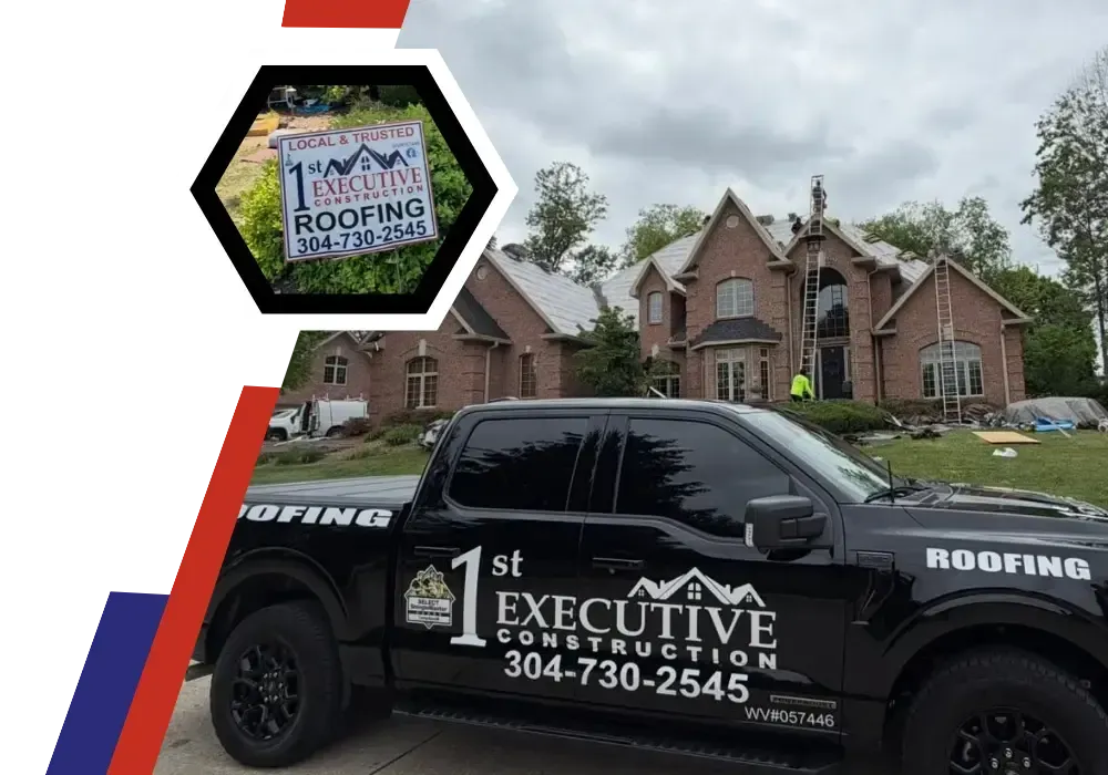 Roofing contractors wearing hard hats and safety vests installing wooden roof framing with hammers and nail guns.