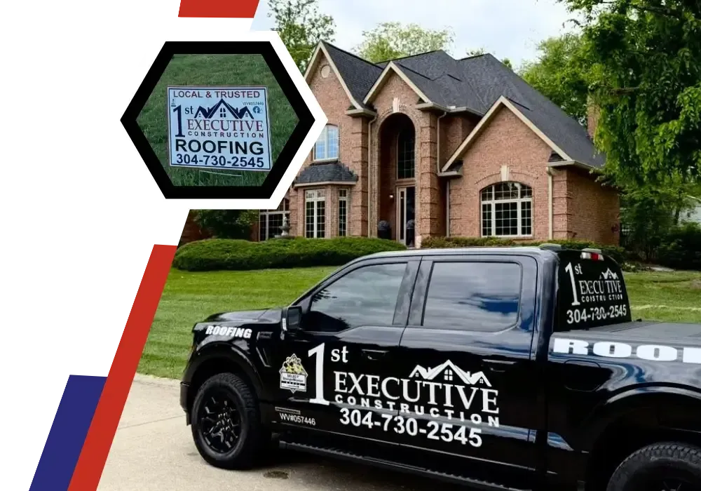 Roofing contractors wearing hard hats and safety vests installing wooden roof framing with hammers and nail guns.