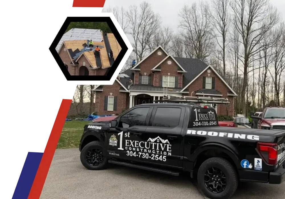 Roofing contractors wearing hard hats and safety vests installing wooden roof framing with hammers and nail guns.
