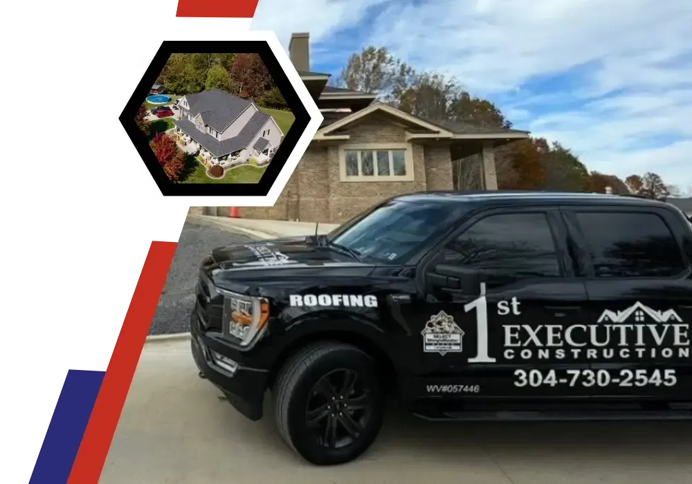 Roofing contractors wearing hard hats and safety vests installing wooden roof framing with hammers and nail guns.