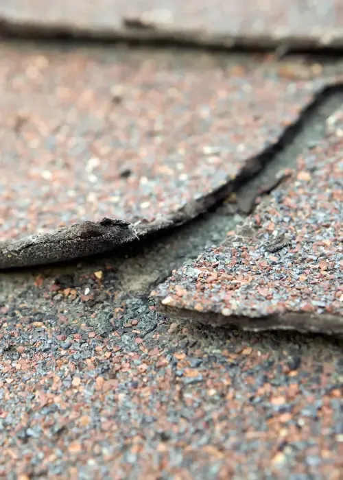 Close-up of cracked and curled asphalt shingles showing signs of deterioration