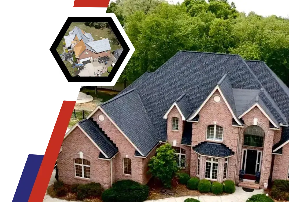 Aerial view of a brick home with a newly installed dark shingle roof.
