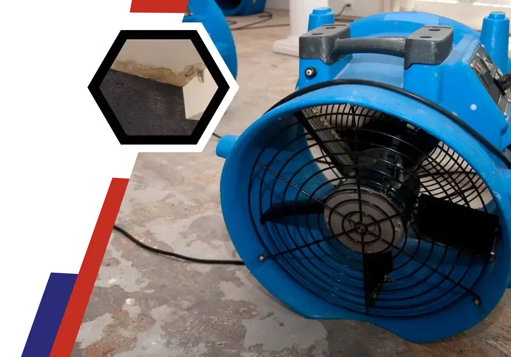 Industrial air mover drying a water-damaged room, with an inset showing moisture damage along the base of a wall.