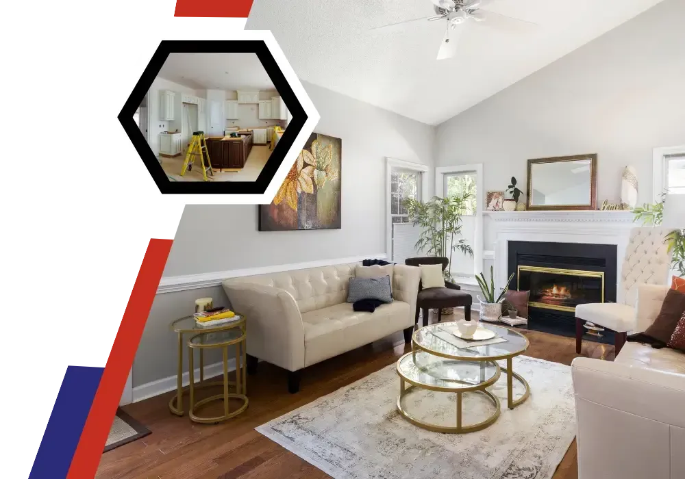 Bright remodeled living room with a fireplace, hardwood floors, modern furniture, and an inset image showing a kitchen renovation in progress.