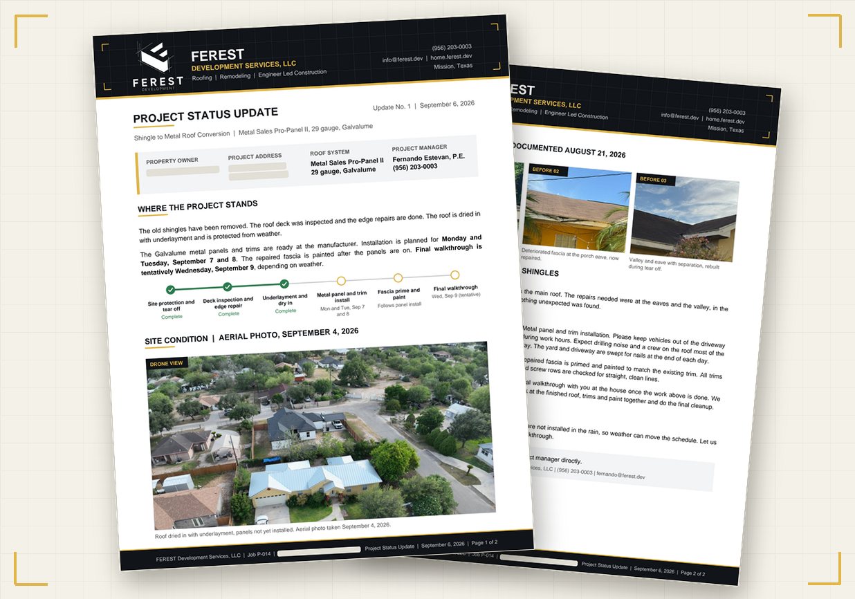 FEREST project status update with drone photo, client details removed