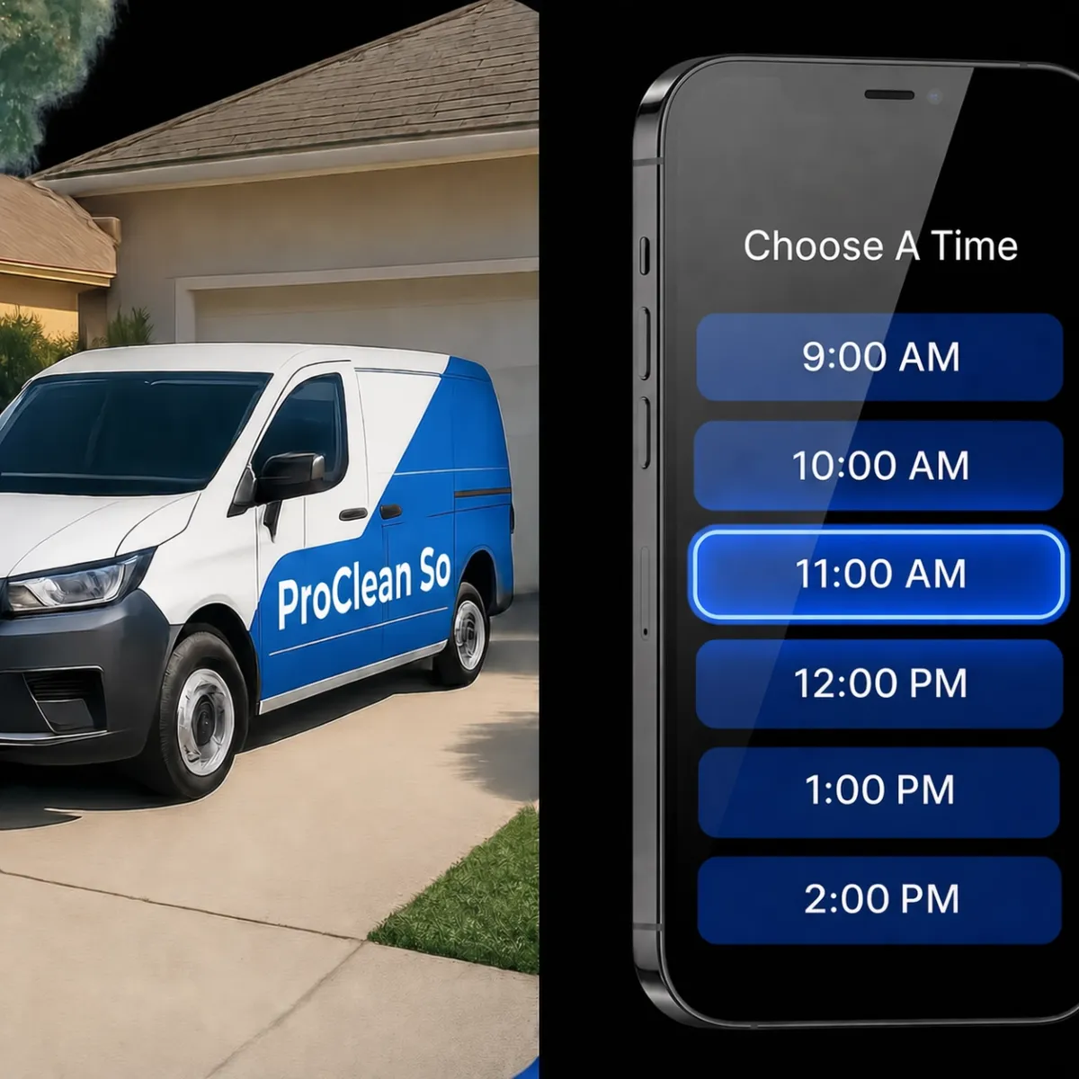 Composite showing a service van and a phone interface demonstrating missed call text-back