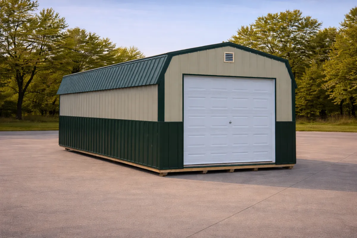 Custom built green and an garage