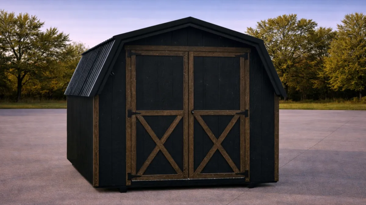sold grey shed with white trim 