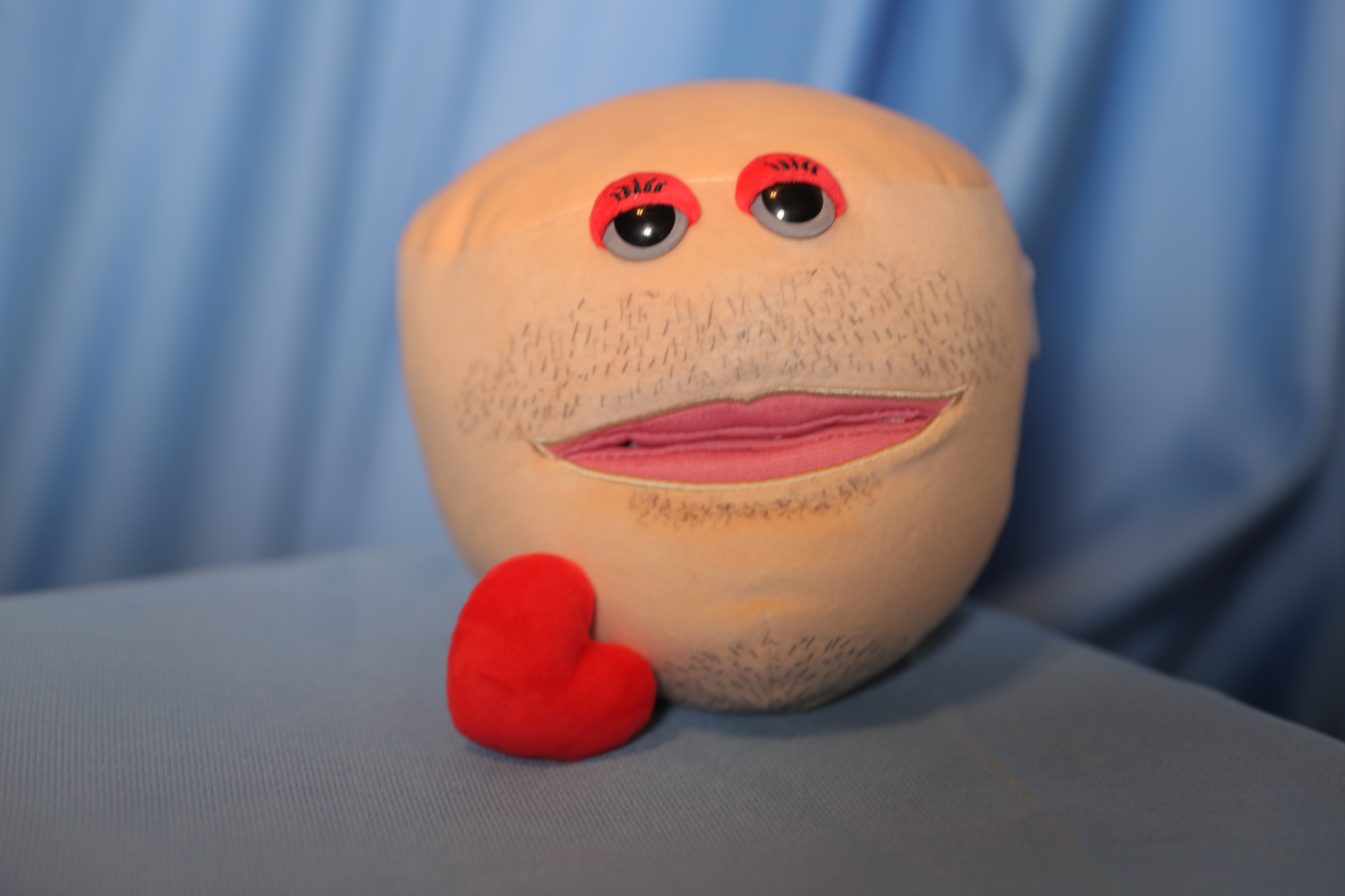 A vibrant, plush Mr. Kiwi toy with a fuzzy brown exterior, bright green face, and stitched smile, sitting upright on a pastel blue background. The plushie’s large, expressive eyes and soft, rounded body evoke warmth and friendliness, appealing to fans of all ages.