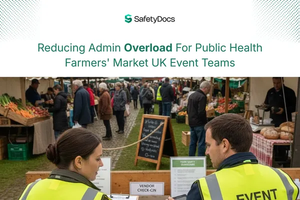 Event staff in high-visibility vests at a busy outdoor farmers’ market.