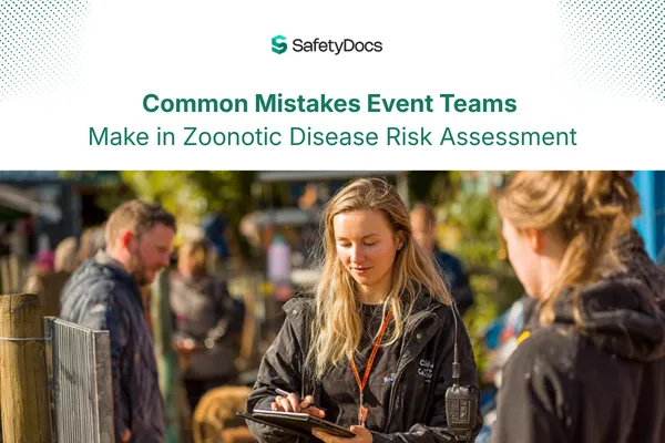 Two people in green vests with clipboards/tablet at a livestock event with text about zoonotic disease risk assessment.
