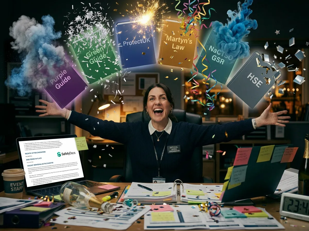 The UK event safety guidance corpus: physical copies of the Purple Guide and the Green Guide on a desk with a laptop showing a document checked against current legislation in SafetyDocs.