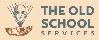 Logo de The Old School Services (TOSS) con diseño retro-futurista: ilustración de un rostro clásico sobre una mano sosteniendo un cubo, acompañado del texto 'The Old School Services' en colores pastel.
