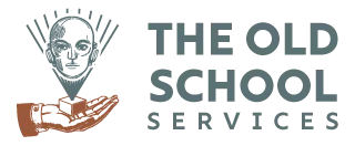 Logo de The Old School Services (TOSS) con diseño retro-futurista: ilustración de un rostro clásico sobre una mano sosteniendo un cubo, acompañado del texto 'The Old School Services' en colores pastel.
