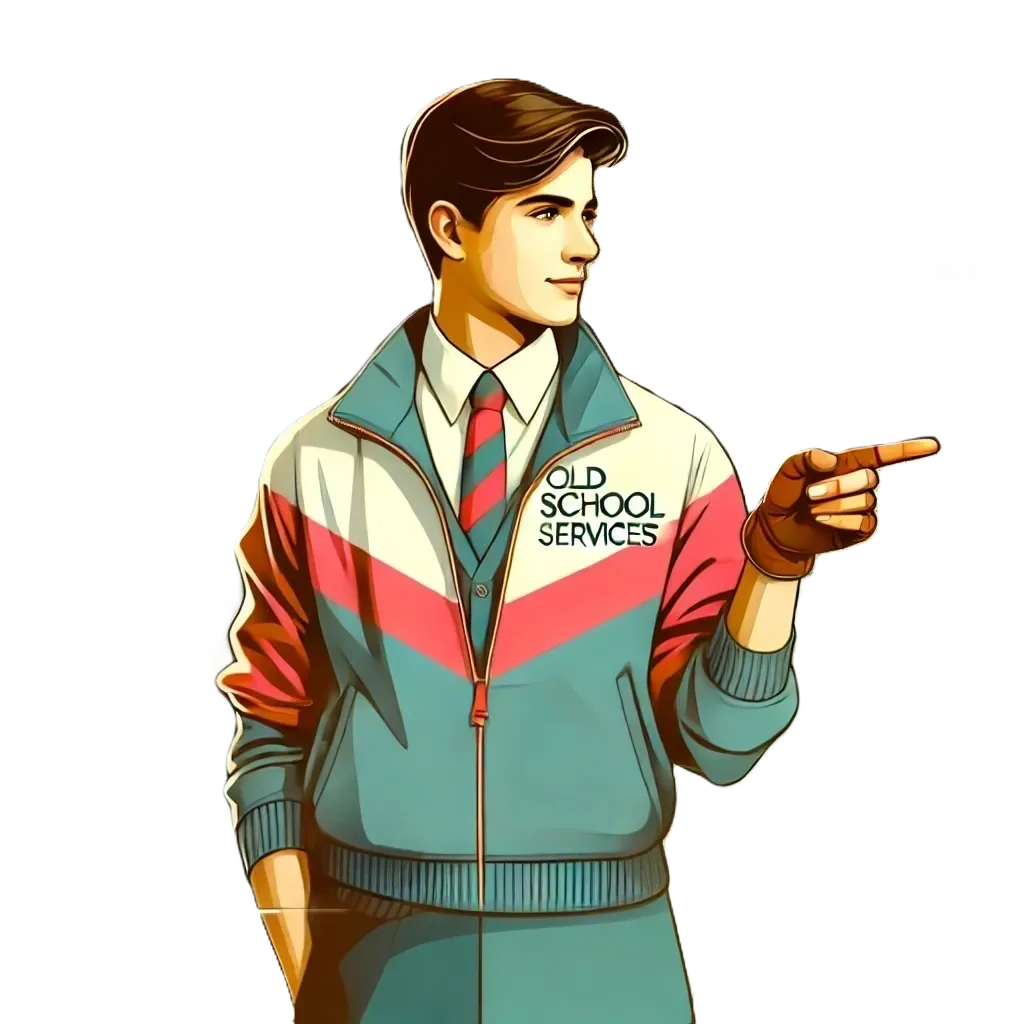 Ilustración retro-futurista inspirada en The Old School Services (TOSS), diseñada para destacar soluciones de gestión de reseñas en Google Maps. Representa a un joven estilizado apuntando hacia la derecha, con un fondo cuadriculado minimalista en tonos pastel. Ideal para reflejar innovación y personalización en la mejora de la reputación digital de las PyMES, potenciando su visibilidad en búsquedas locales y optimizando la experiencia del cliente a través de inteligencia artificial y automatización.