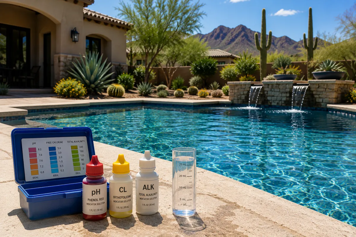 Pool water testing at a residential pool in Scottsdale, Arizona