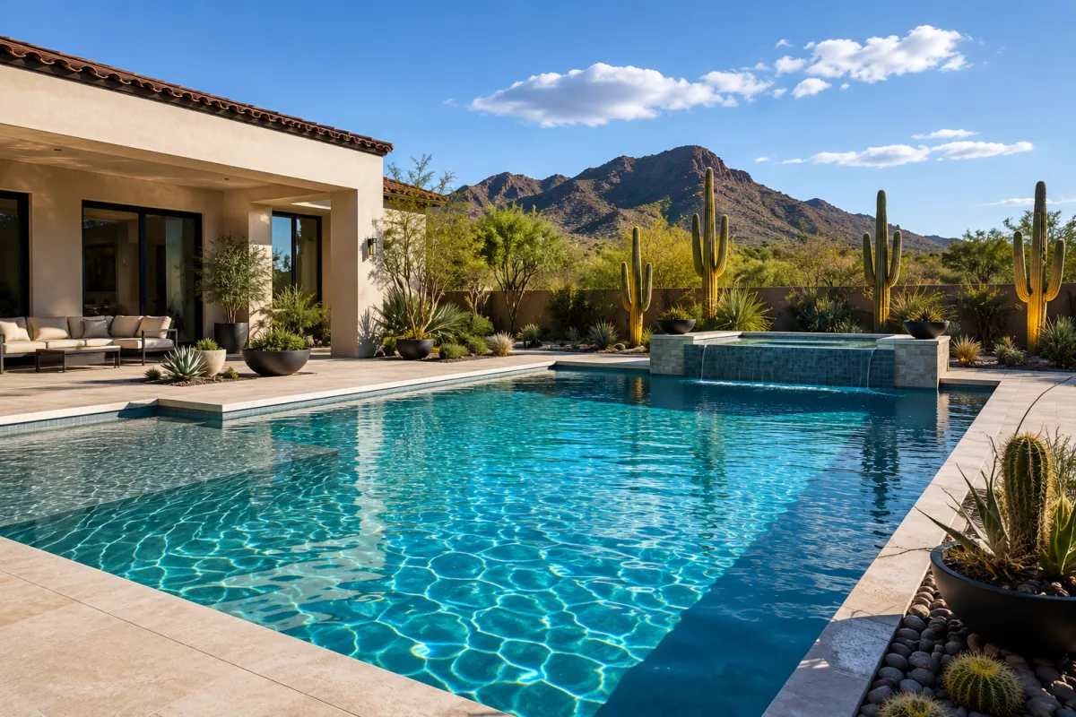 Clean sparkling residential swimming pool in a Scottsdale desert backyard