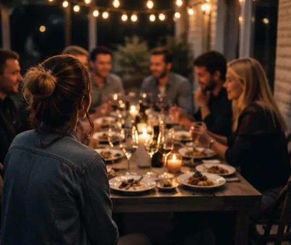 woman sitting uncomfortably at a party