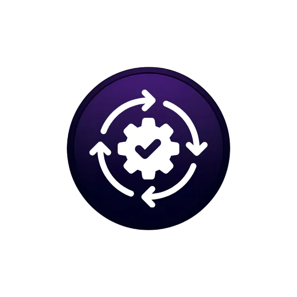 A dark purple circle with a gear that has a checkmark in the middle 