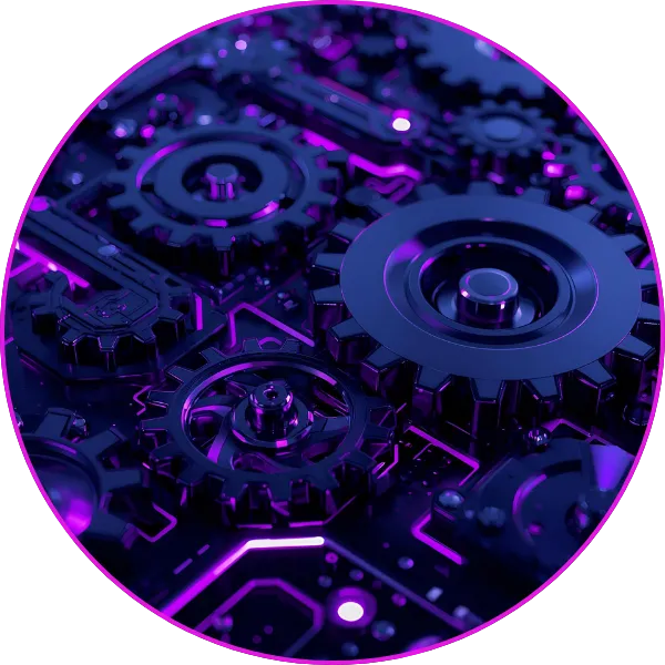 A close-up of interconnected mechanical gears rendered in glossy black with vibrant purple neon lighting accenting the components.