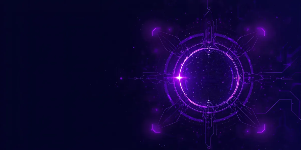A glowing futuristic circular interface in bright purple tones sits on the right side of a dark background, with geometric circuitry and light particles radiating outward.