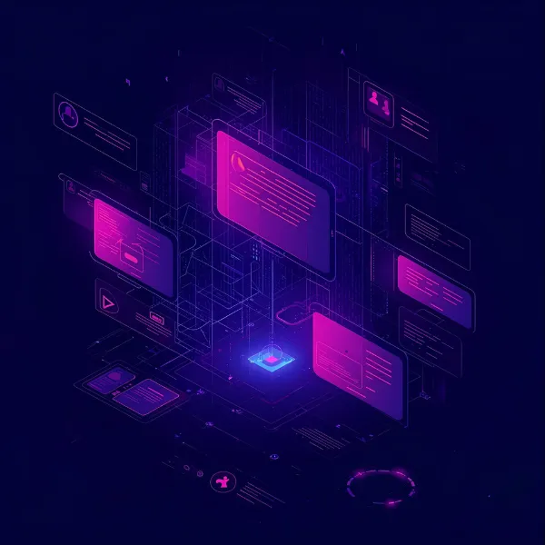 A glowing digital interface with multiple neon pink and blue UI panels floating in a 3D grid, all connected to a central light source on a dark futuristic background.