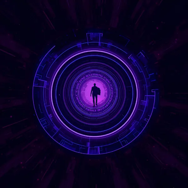 A silhouette of a person walking through the center of glowing purple concentric digital rings, creating the appearance of entering a futuristic portal or virtual world.