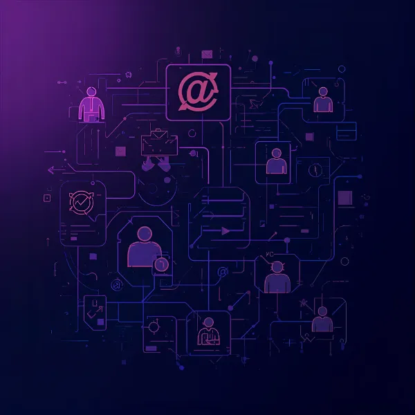 A digital illustration of interconnected icons representing email, user profiles, workflows, and communication channels, arranged in a glowing purple network to symbolize automated messaging and digital communication systems.