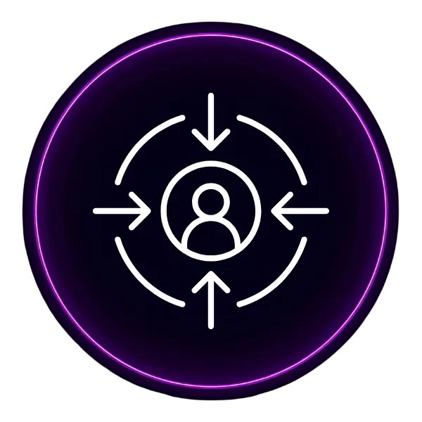 A dark purple circle with an icon that shows a person with arrows aimed at them in the middle
