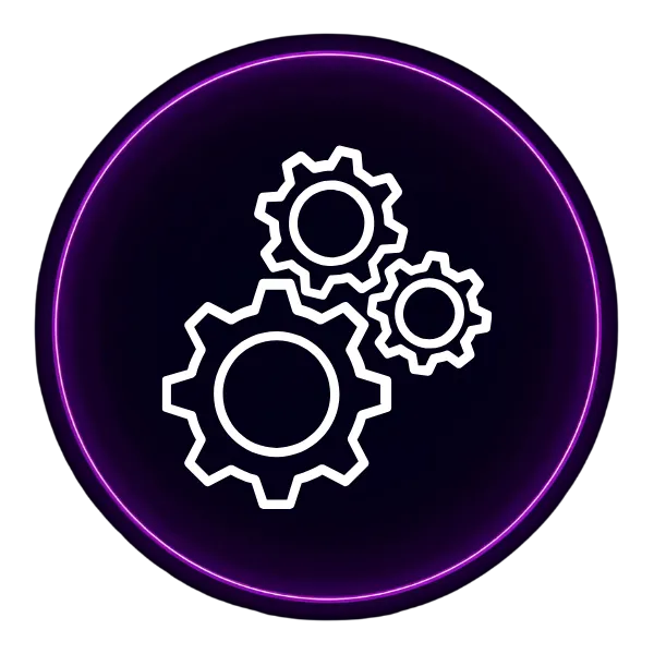A dark purple circle with an icon that shows three gears in the middle