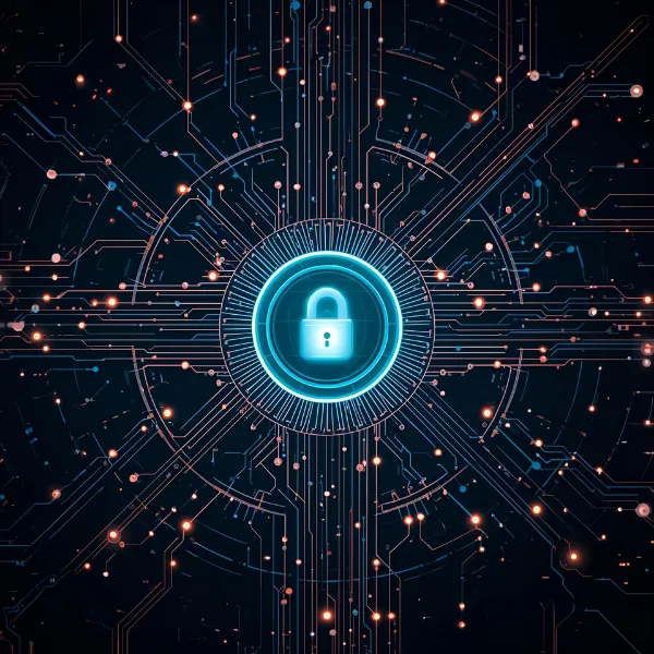 A glowing digital padlock icon at the center of a futuristic circuit-board design, symbolizing cybersecurity and data protection