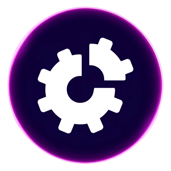 A purple circle with an icon in the middle that shows a gear with a piece coming out of it