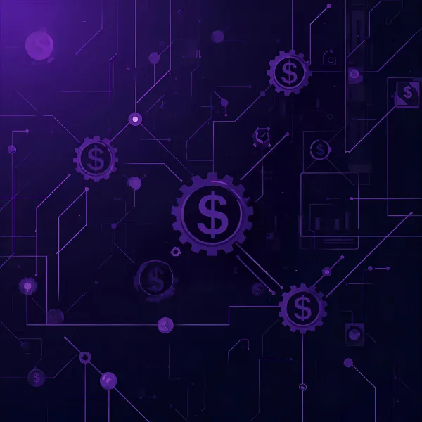 A digital network-themed illustration featuring interconnected gears with dollar symbols, glowing in shades of purple against a dark background, representing financial technology and automated systems.