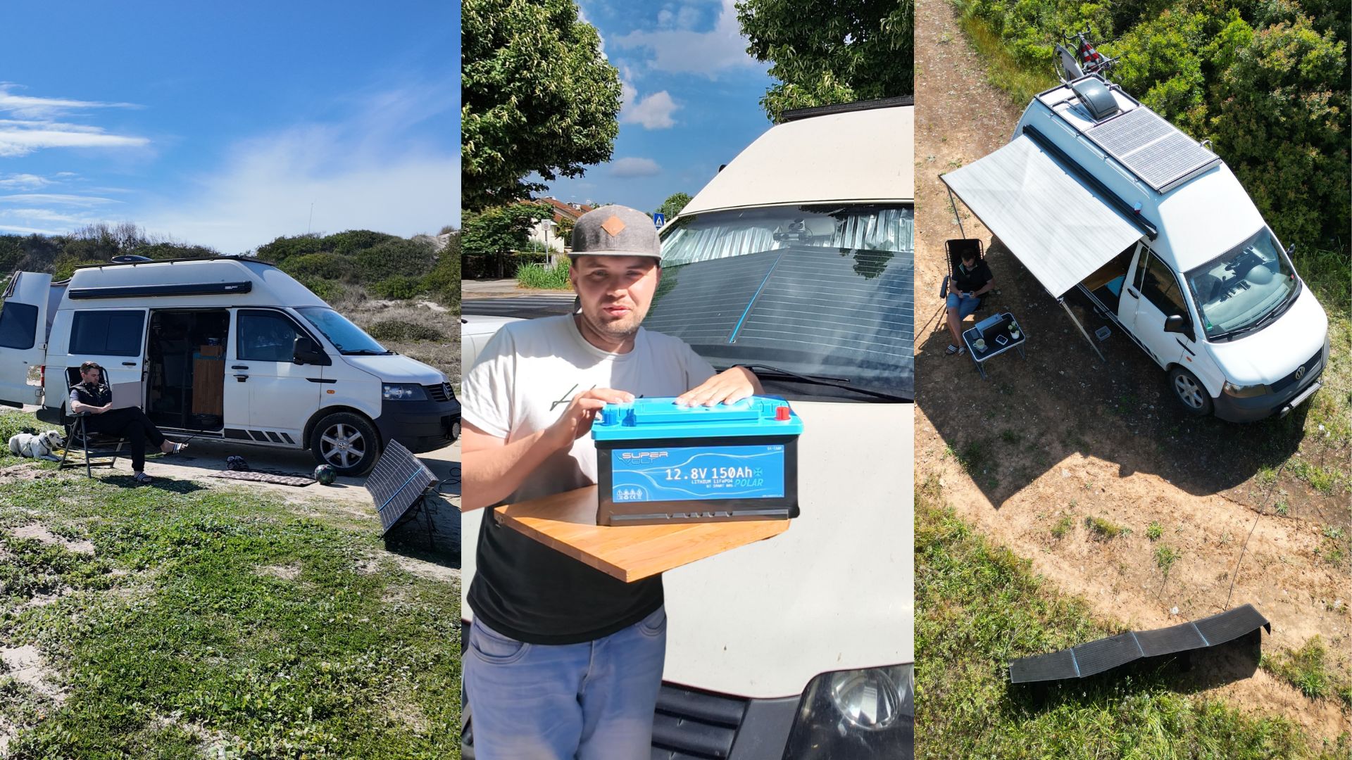Chris mit seinen Hündinnen Mia und Maya am Strand von Isle of Lewis & Harris in Schottland. Vanlife-Abenteuer mit Hund an weißen Sandstränden und türkisfarbenem Wasser der Äußeren Hebriden.