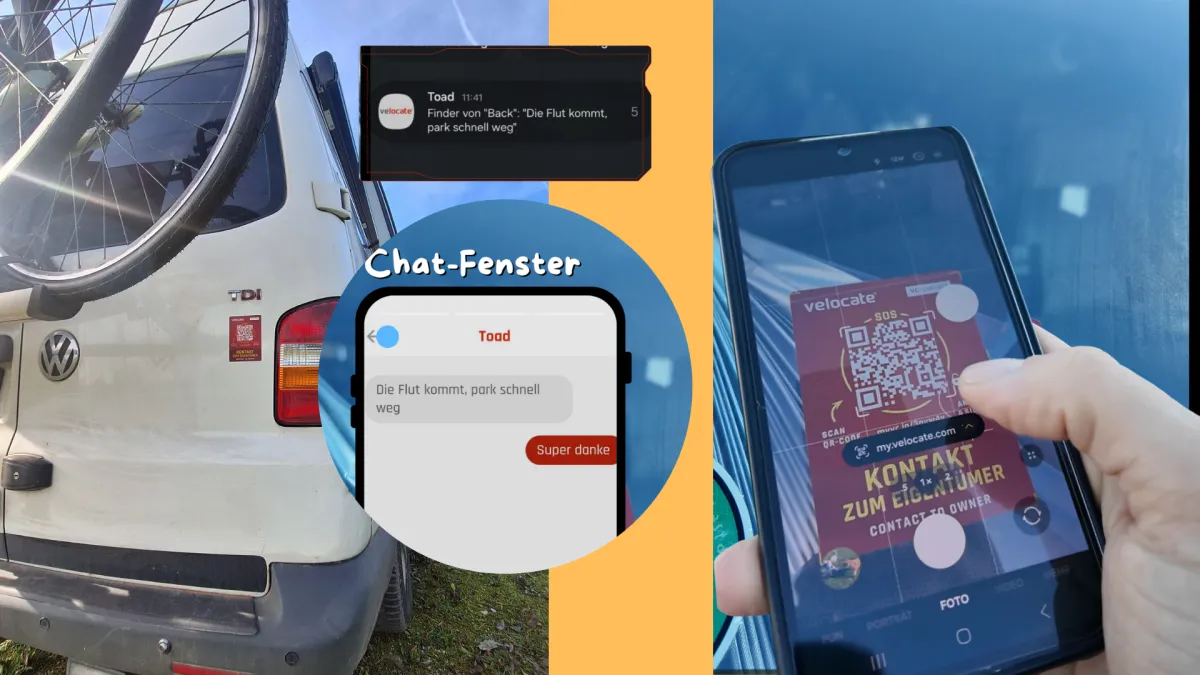 elocate vc|contact QR-Code am Camper für anonyme Kontaktaufnahme. Smartphone scannt den QR-Code und sendet eine Nachricht an den Fahrzeughalter. Ideal für Vanlife, Wohnmobile, Camping und Reisen.
