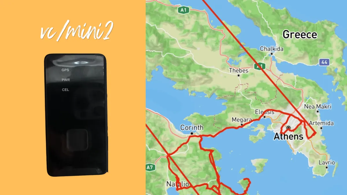 Velocate vc|mini² GPS-Tracker mit Live-Tracking-Karte in Griechenland. Kompakter GPS-Tracker für Vanlife, Camper, Wohnmobile, Fahrräder und Outdoor-Abenteuer mit Standortverfolgung in Echtzeit.