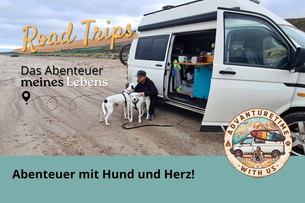 Chris mit seinen Hündinnen Mia und Maya vor dem VW T5 Camper Pepe. Der Beginn eines neuen Lebens im Van, Reisen mit Hund und Vanlife-Abenteuer durch Europa.